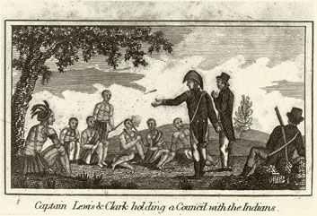 Lewis and Clark talking with Native Americans